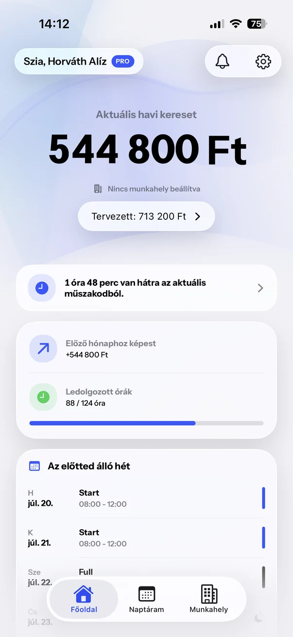 CalMate home screen with earnings and shift summary